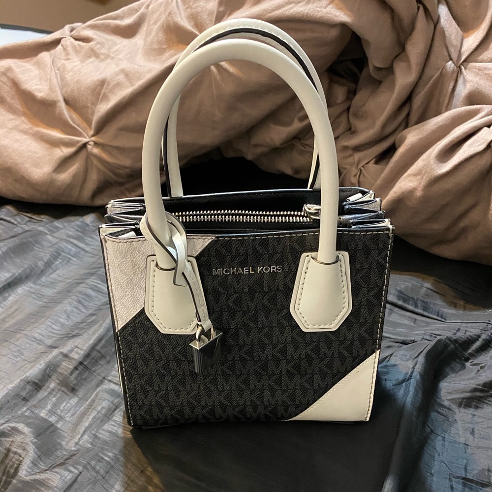 Michael Kors Black Logo Mini Satchel with White Trim